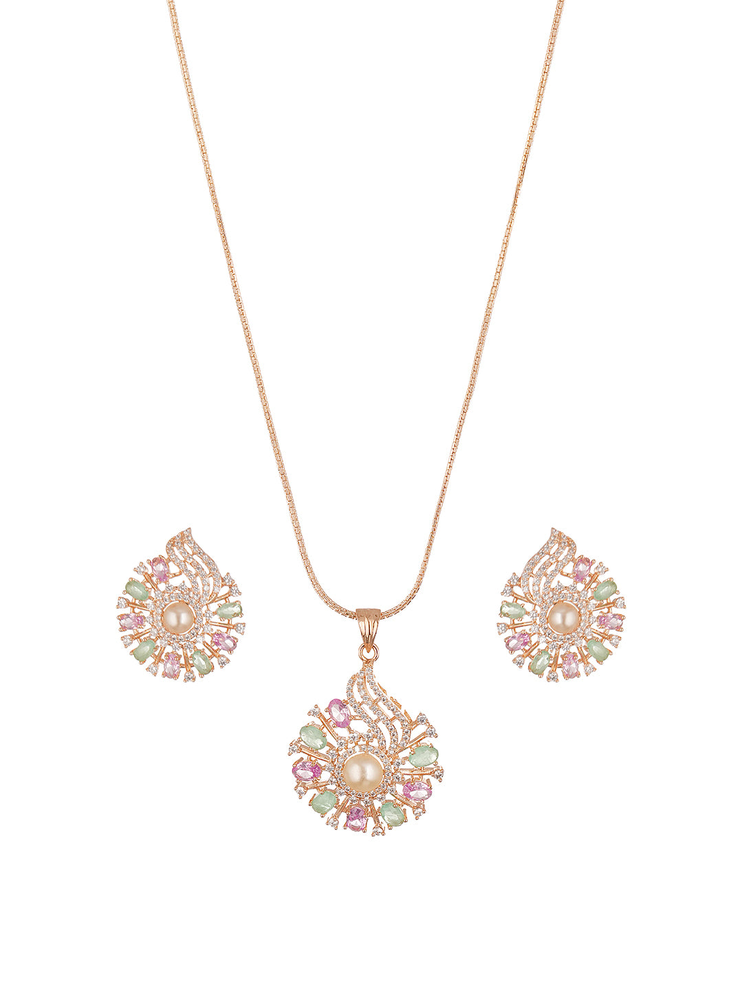 Rose Gold Plated Multicolour AD Pearl Centre Floral Pendant Jewellery Set