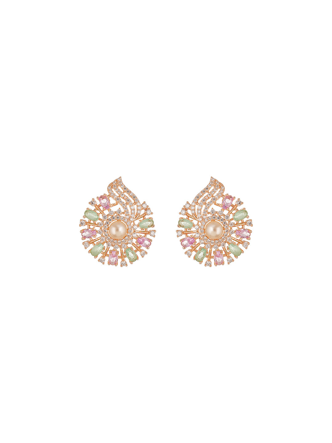 Rose Gold Plated Multicolour AD Pearl Centre Floral Pendant Jewellery Set