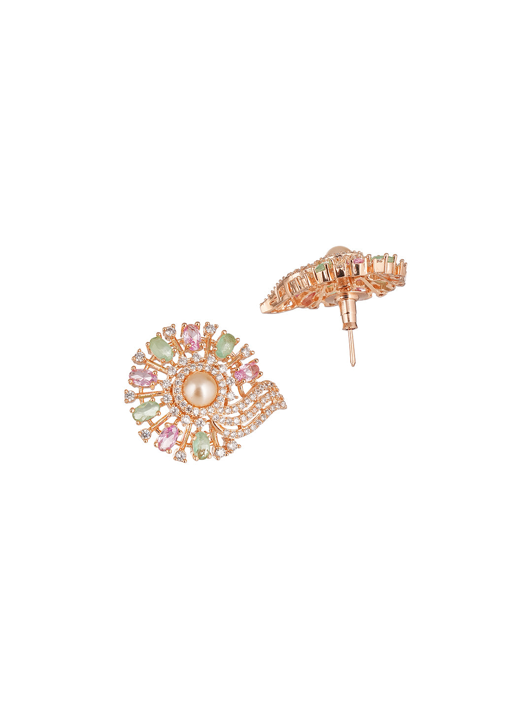 Rose Gold Plated Multicolour AD Pearl Centre Floral Pendant Jewellery Set