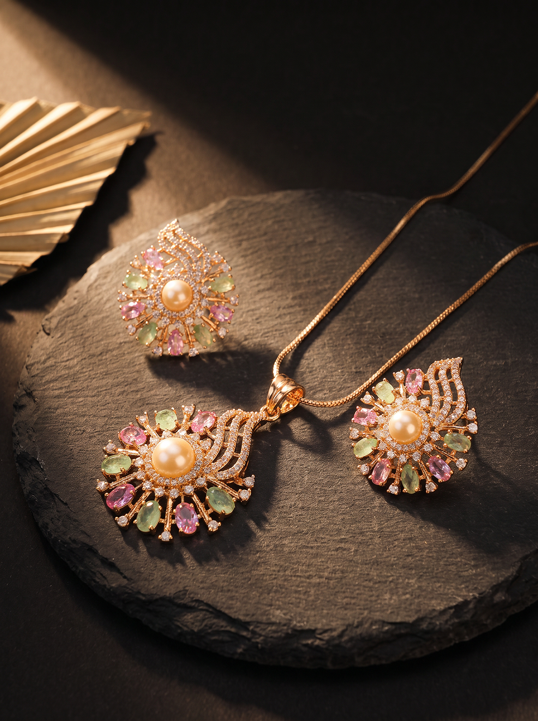 Rose Gold Plated Multicolour AD Pearl Centre Floral Pendant Jewellery Set