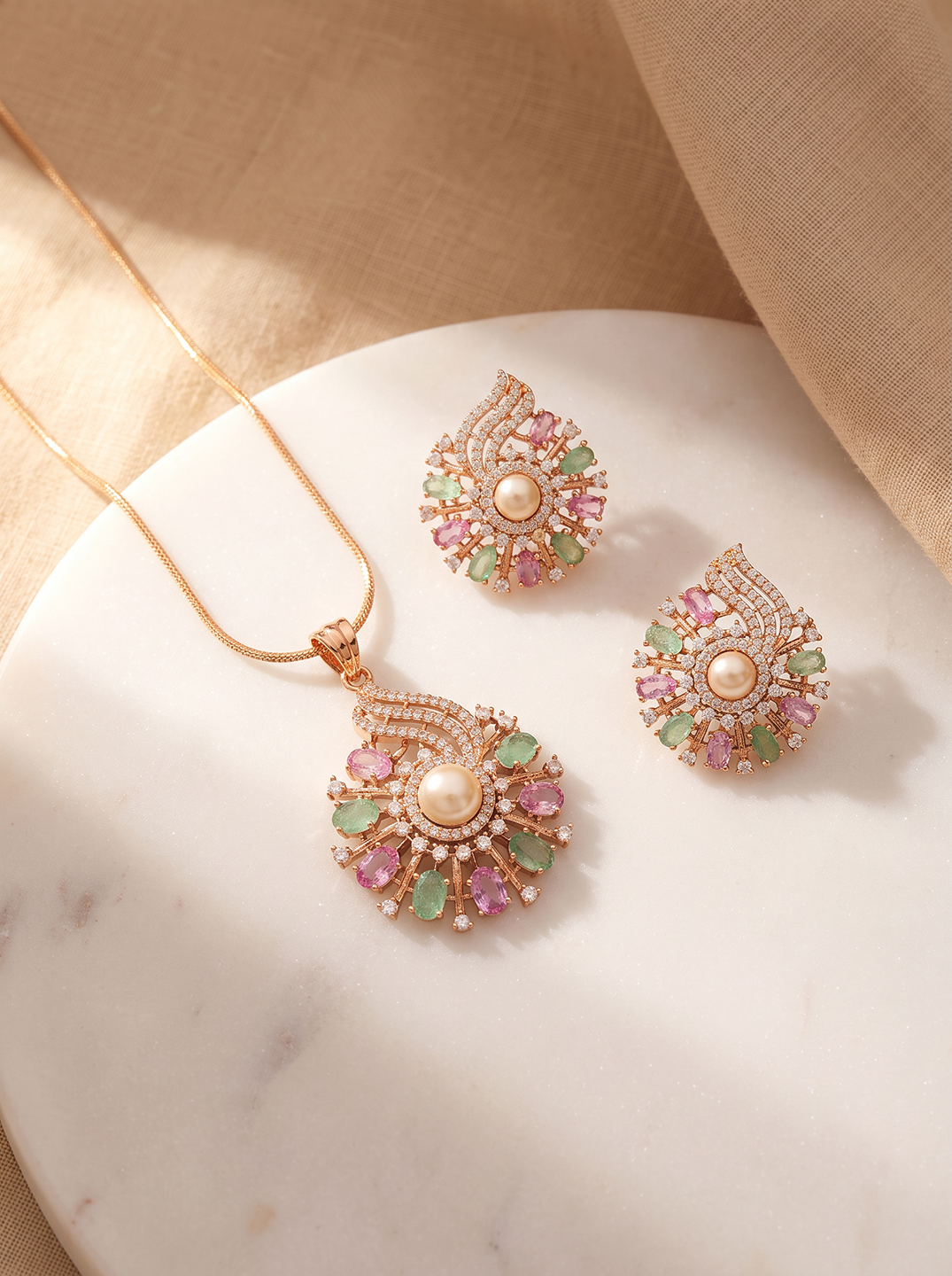 Rose Gold Plated Multicolour AD Pearl Centre Floral Pendant Jewellery Set