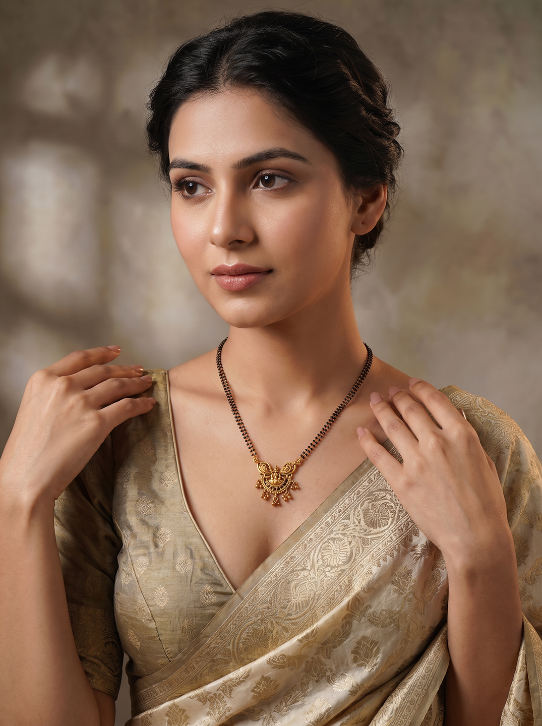 Gold Plated Multicolour Stone Peacock Pendant Black Beaded Mangalsutra