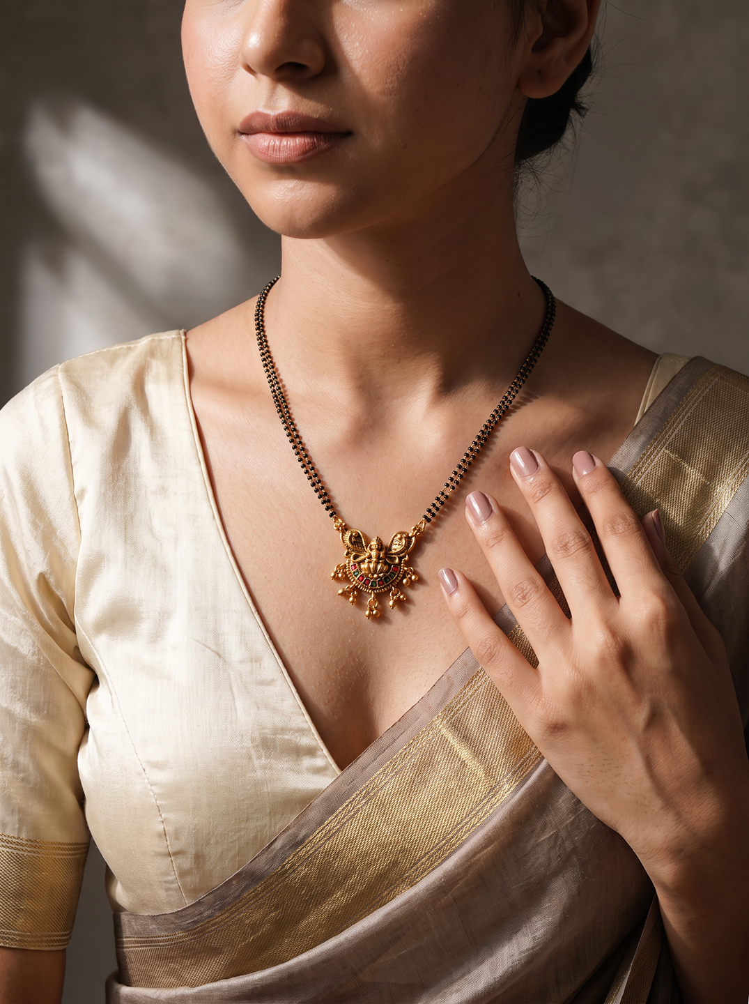 Gold Plated Multicolour Stone Peacock Pendant Black Beaded Mangalsutra
