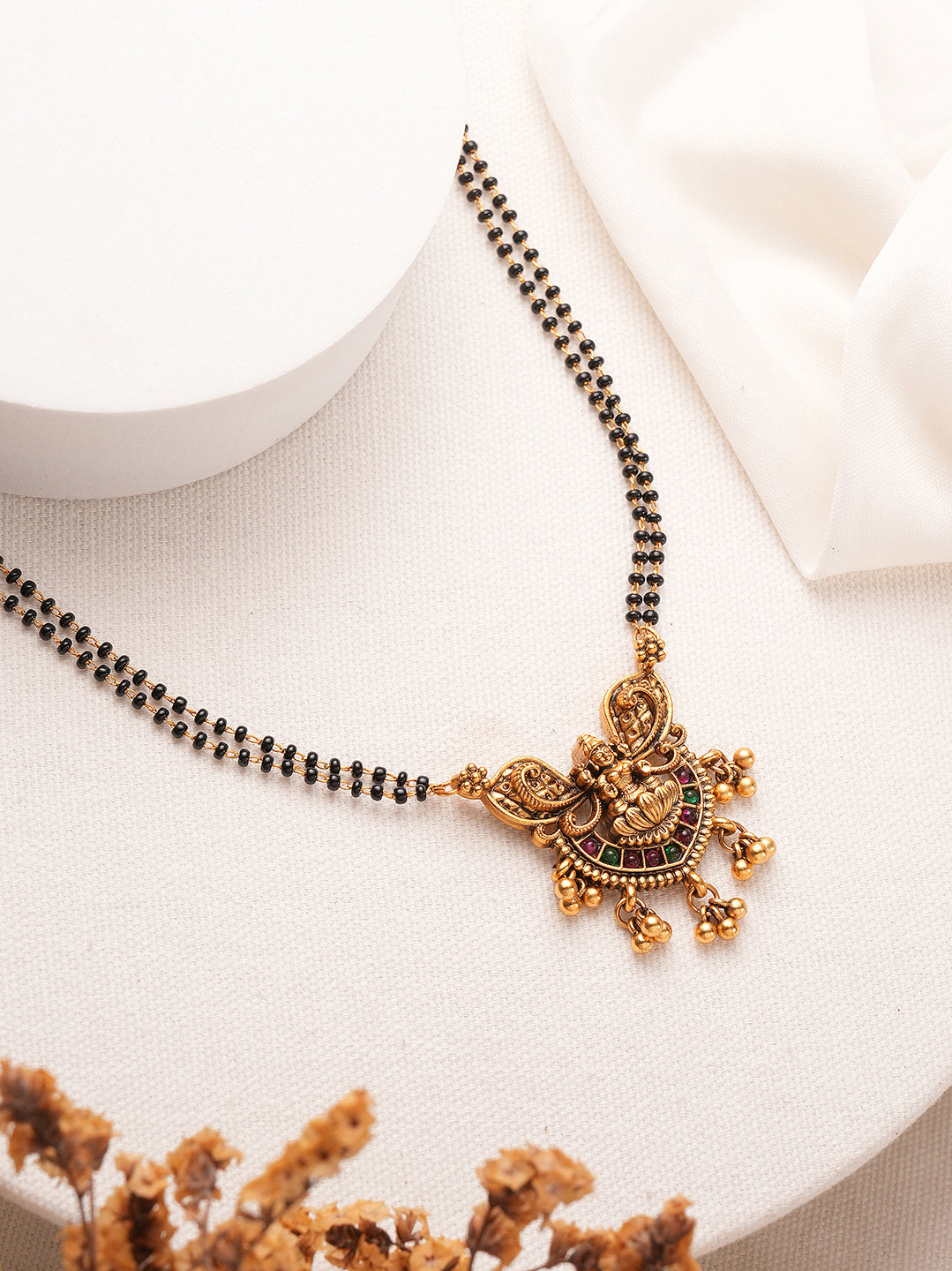 Gold Plated Multicolour Stone Peacock Pendant Black Beaded Mangalsutra