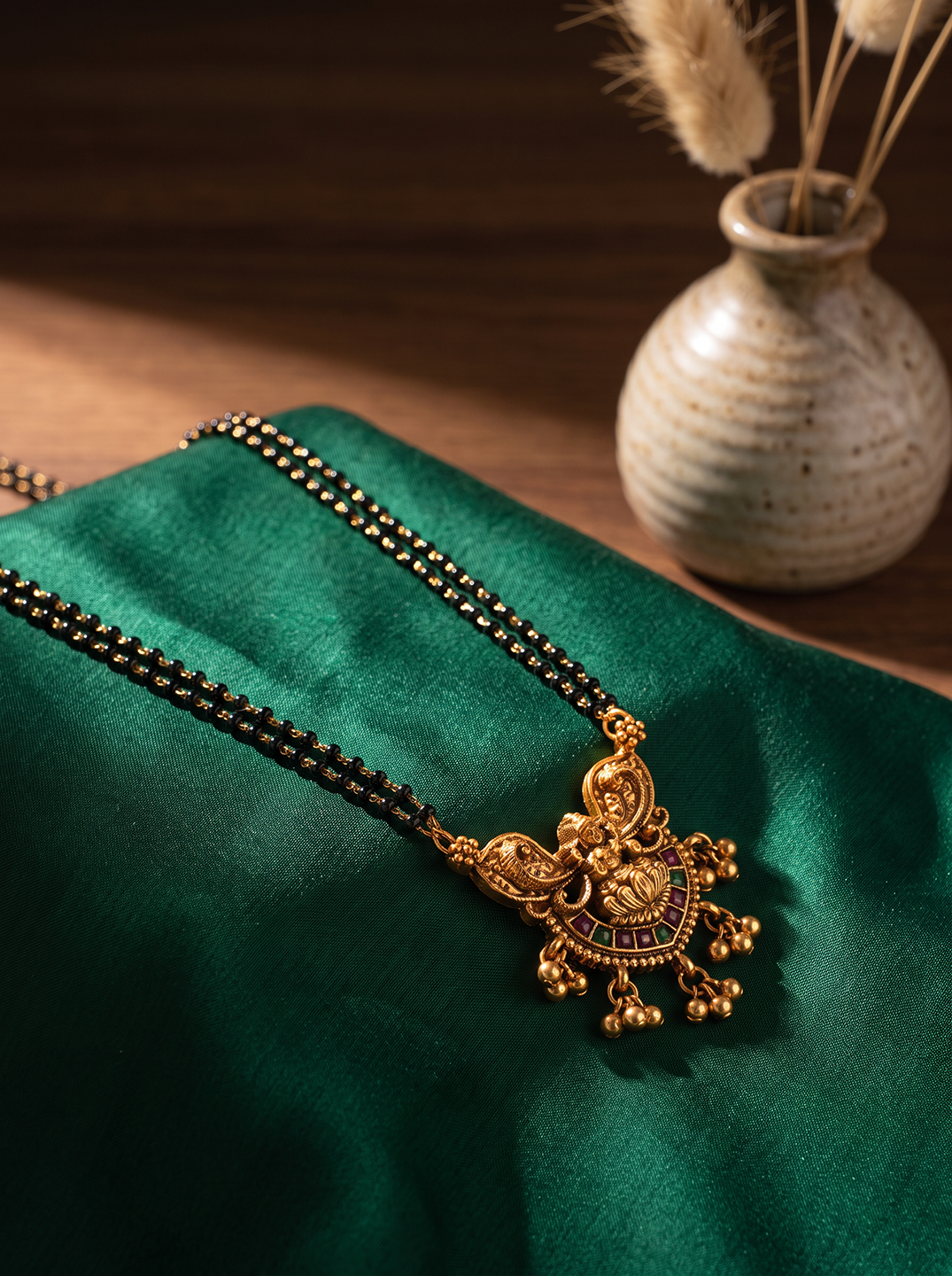 Gold Plated Multicolour Stone Peacock Pendant Black Beaded Mangalsutra