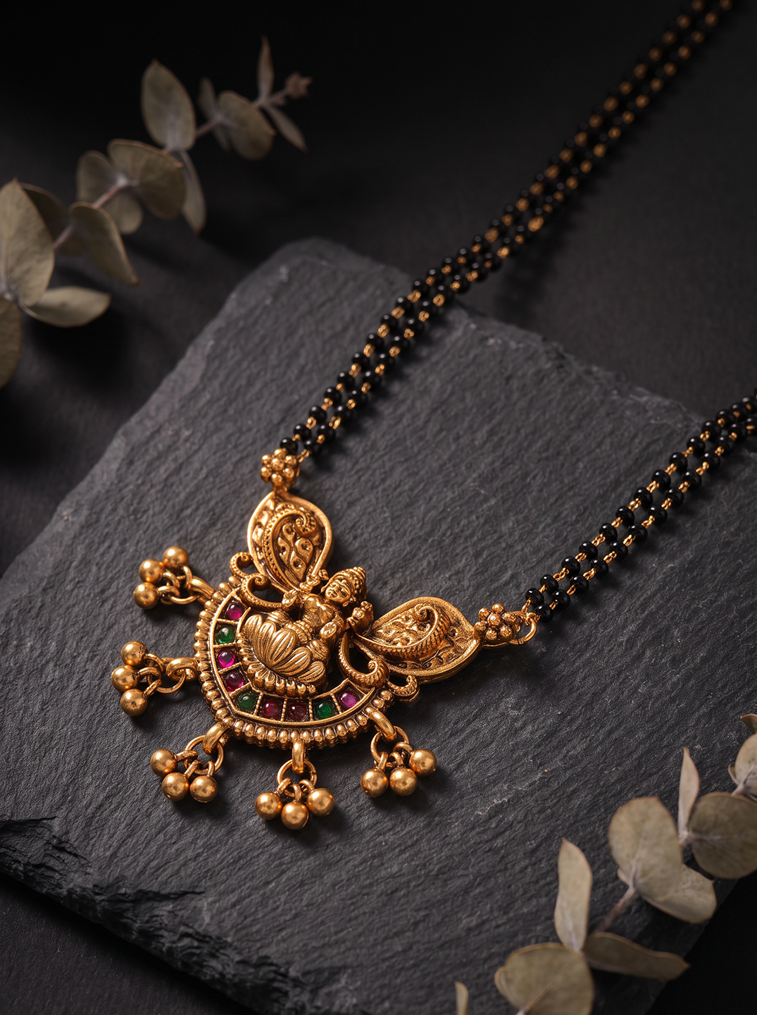 Gold Plated Multicolour Stone Peacock Pendant Black Beaded Mangalsutra