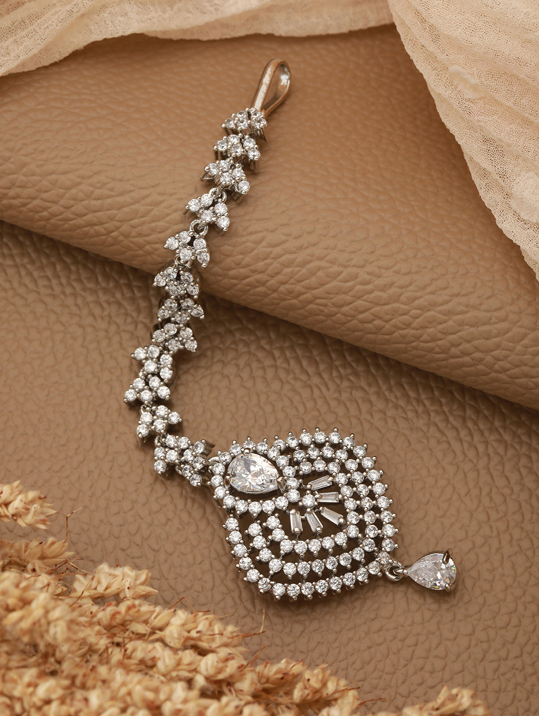 Beautiful Diamond shaped Maang Tikka AD studded Silver plated for Women & Girls