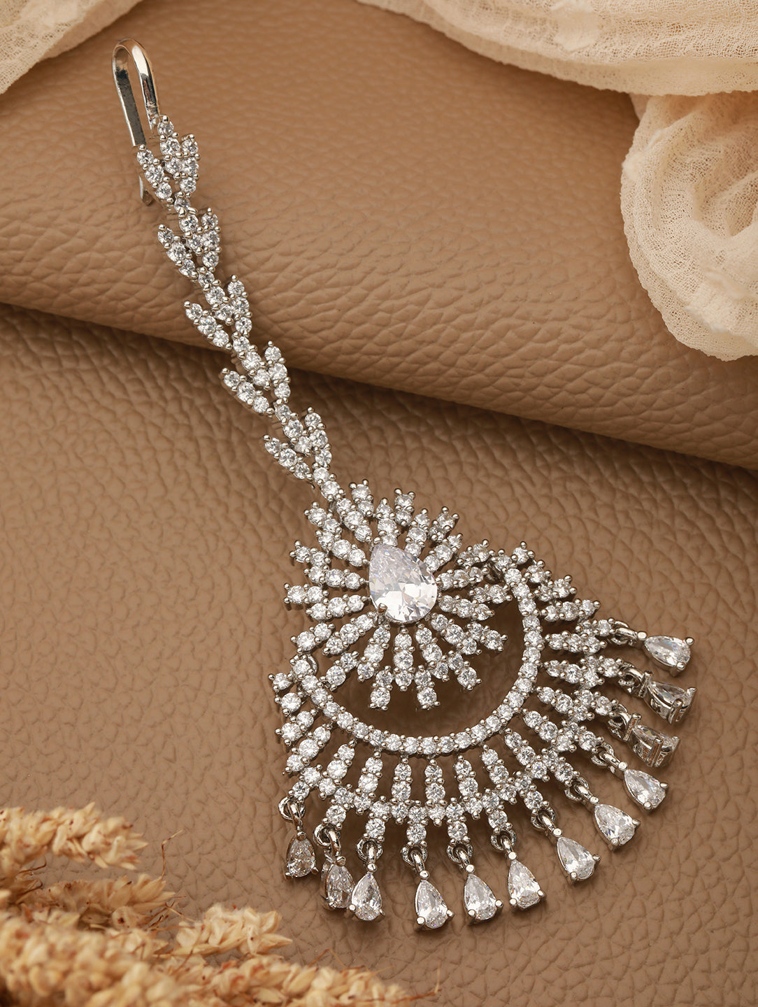 Chandbali style Diamond Maang Tikka Silver plated & AD studded for Women & Girls