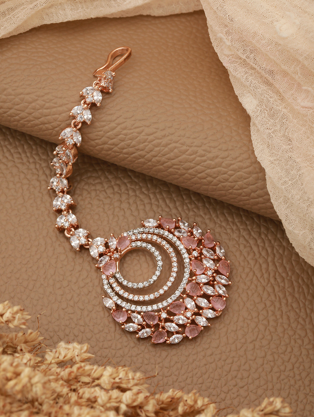 Rose Gold plated Pink AD studded Circular design Handcrafted Maang Tika