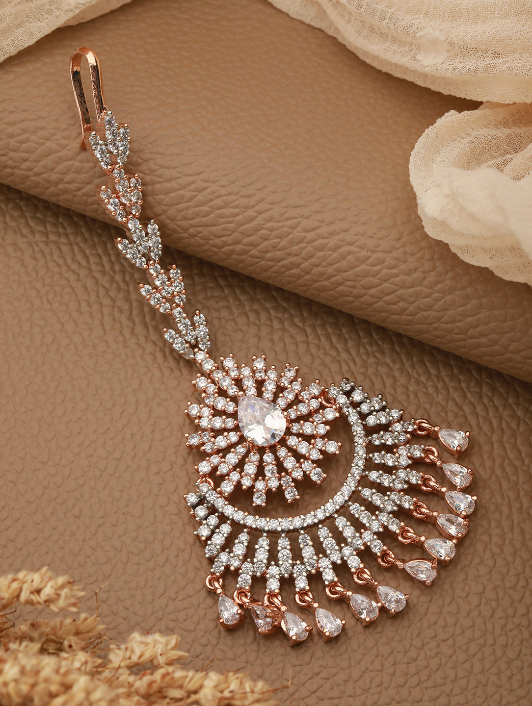 Rose Gold plated AD studded Chandballi design Handcrafted Maang Tika