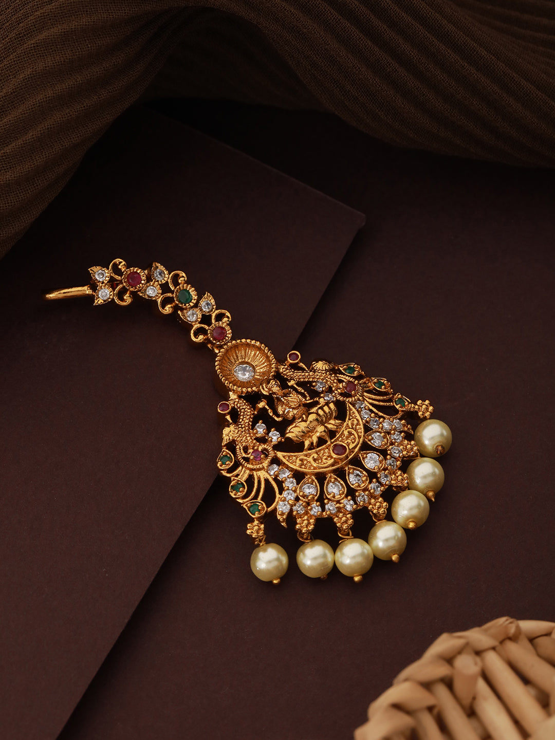 Gold Plated Red & Green AD Studded Maang Tikka