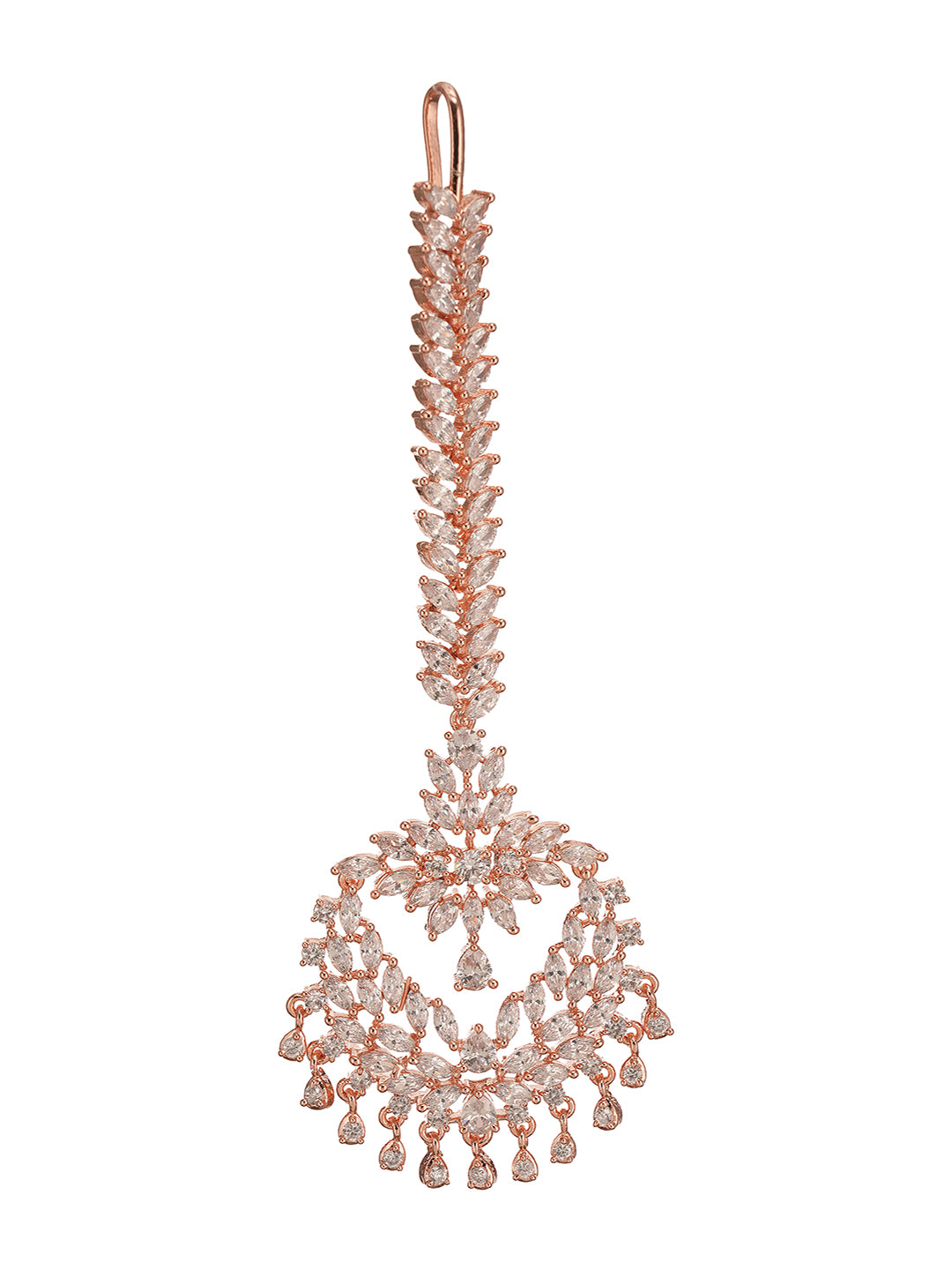 Rose Gold Plated White AD Zircon Studded Bridal Chandbali Maang Tikka