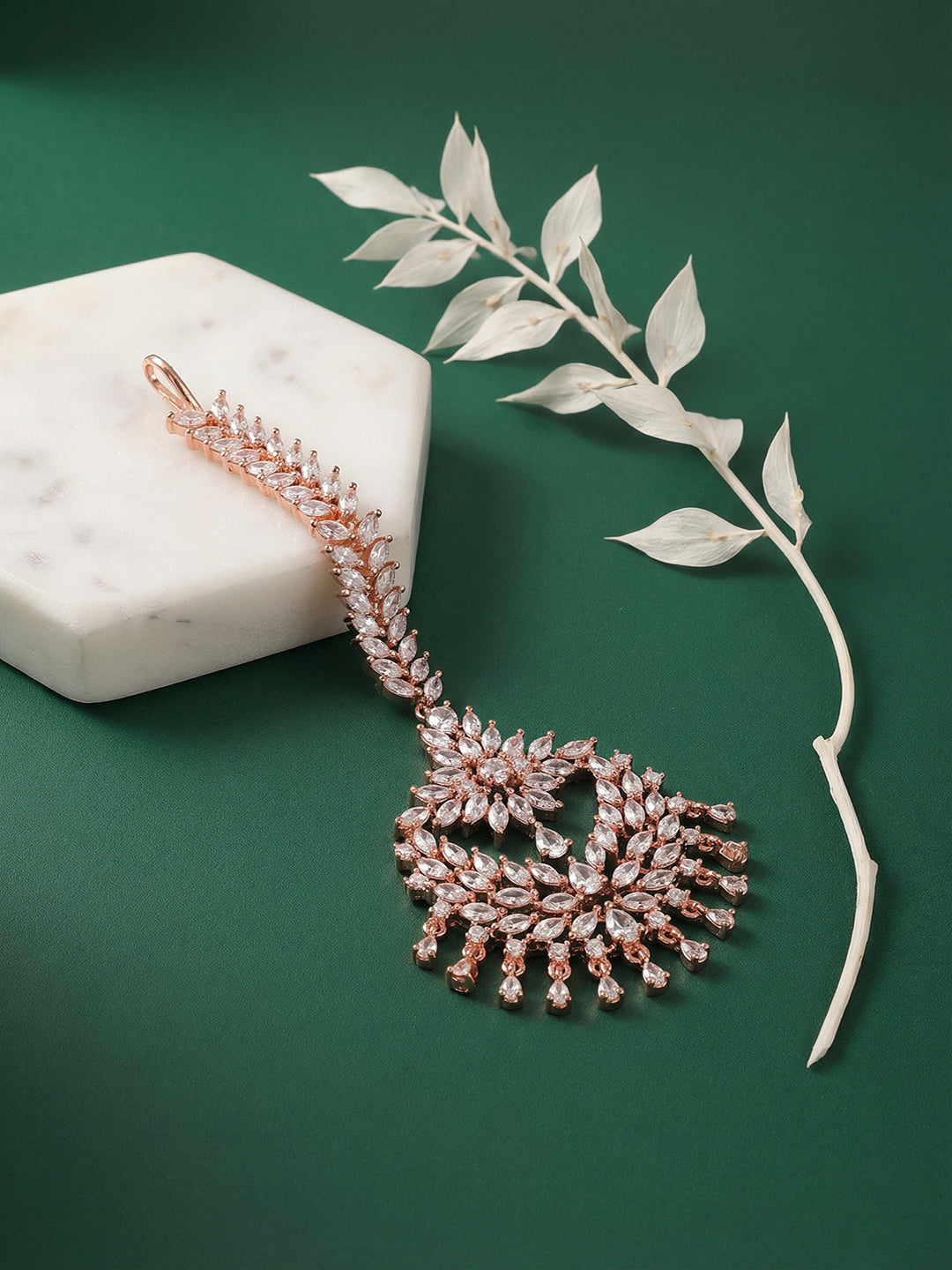 Rose Gold Plated White AD Zircon Studded Bridal Chandbali Maang Tikka