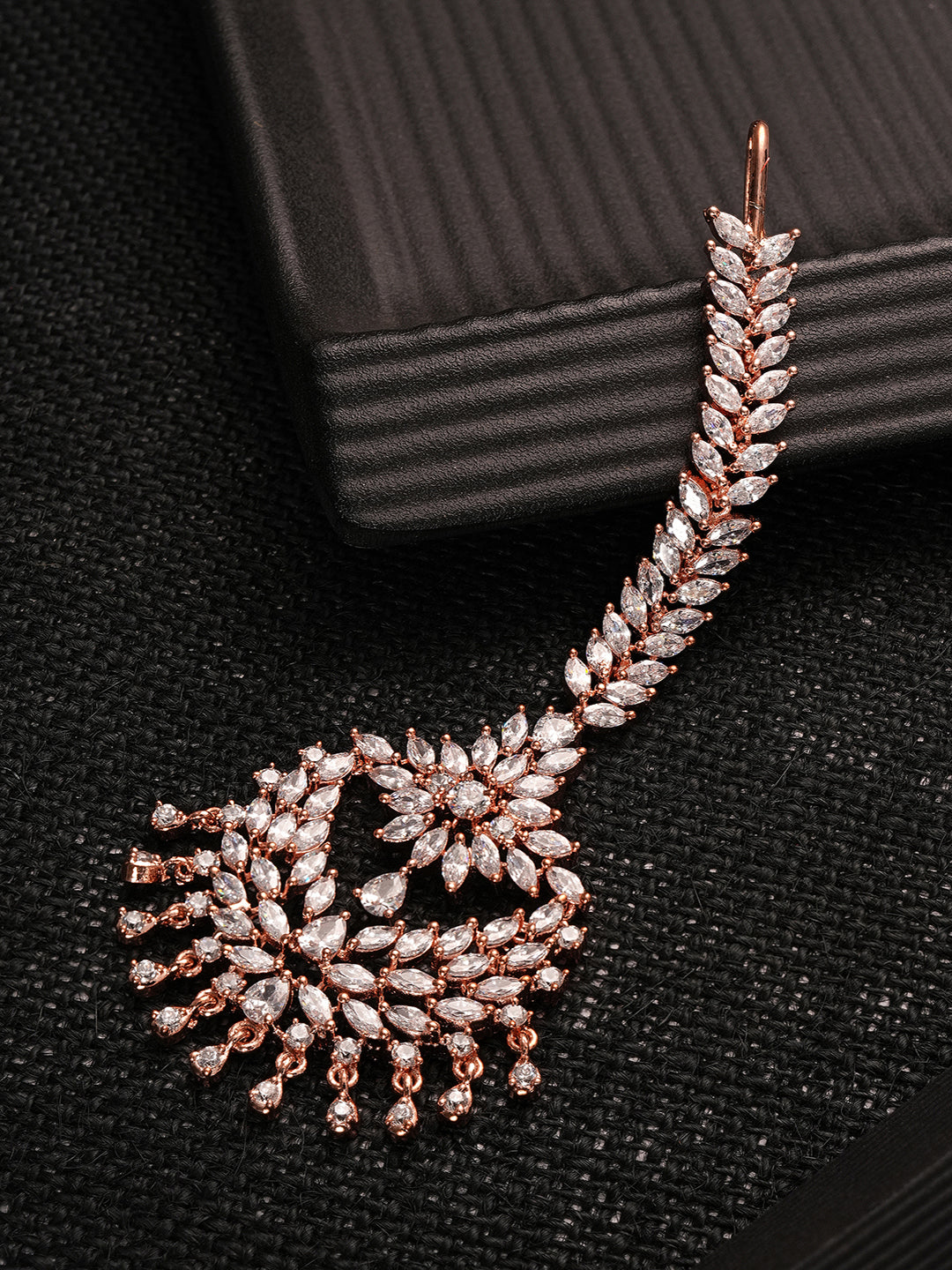 Rose Gold Plated White AD Zircon Studded Bridal Chandbali Maang Tikka