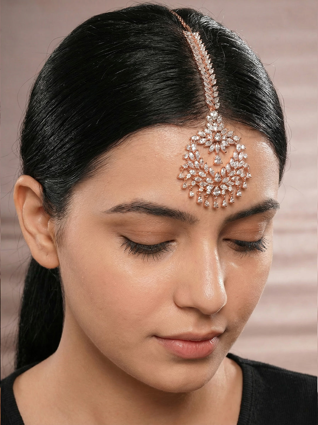 Rose Gold Plated White AD Zircon Studded Bridal Chandbali Maang Tikka