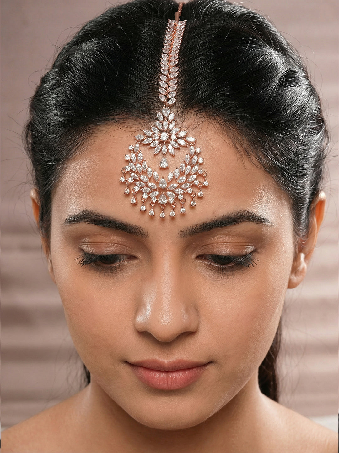 Rose Gold Plated White AD Zircon Studded Bridal Chandbali Maang Tikka