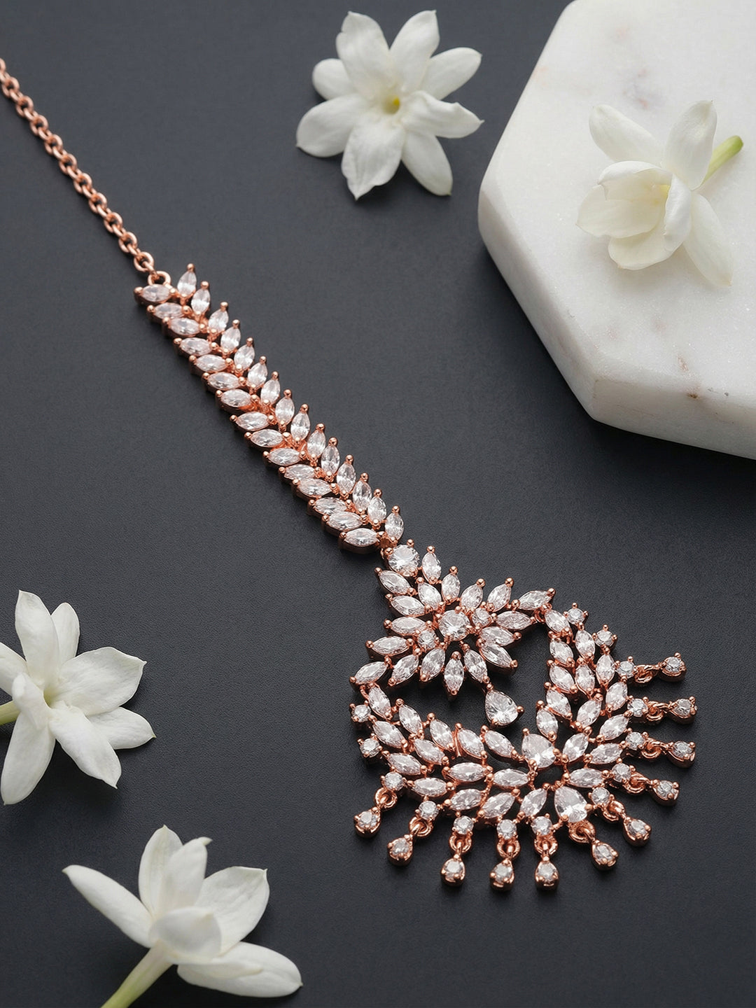 Rose Gold Plated White AD Zircon Studded Bridal Chandbali Maang Tikka