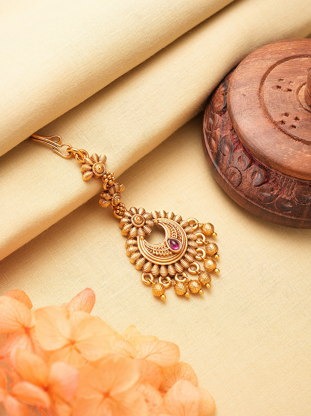 Antique gold ruby stone chandbali maang tikka