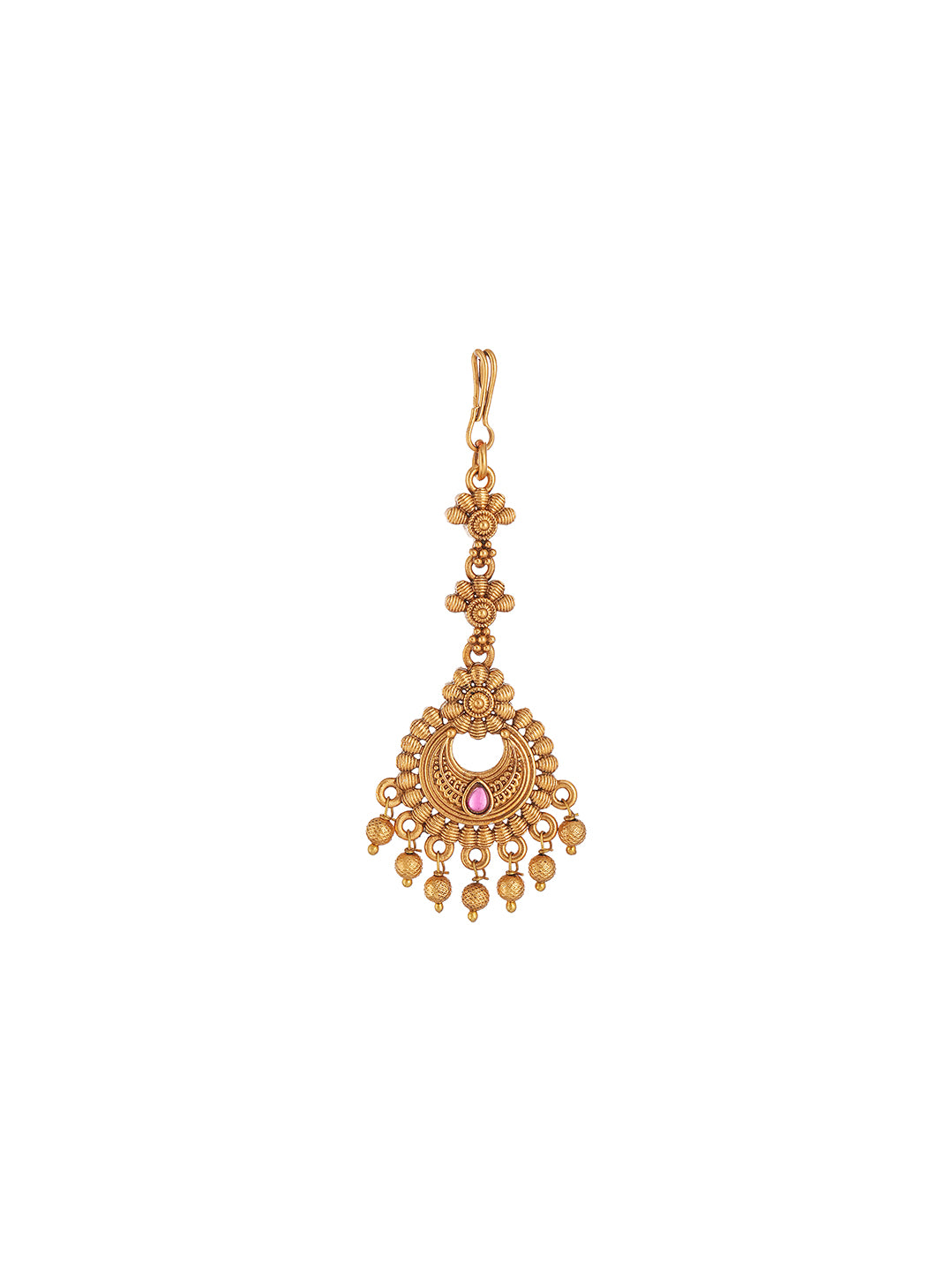 Antique Gold Plated Ruby Stone Chandbali Maang Tikka