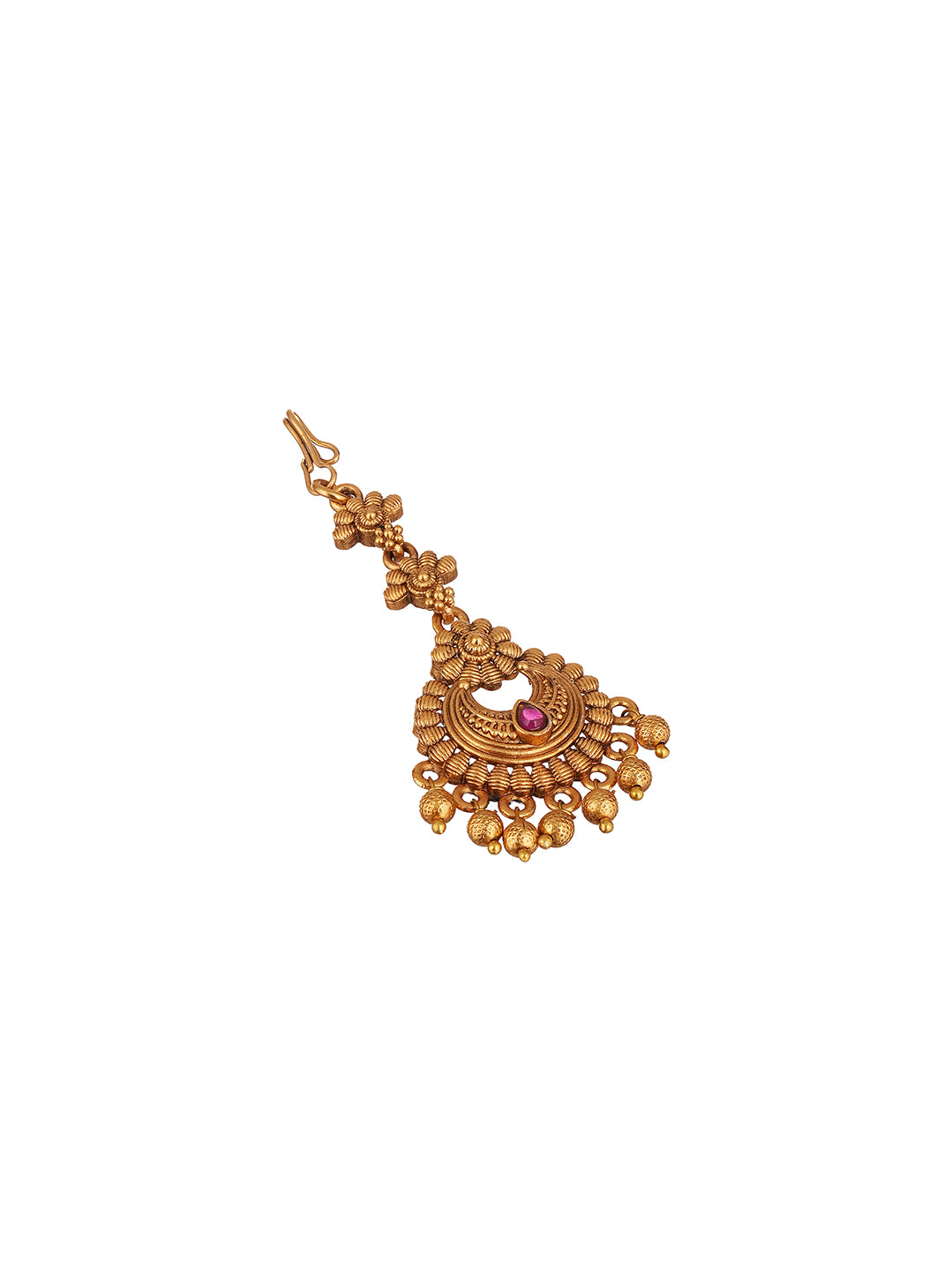 Antique Gold Plated Ruby Stone Chandbali Maang Tikka