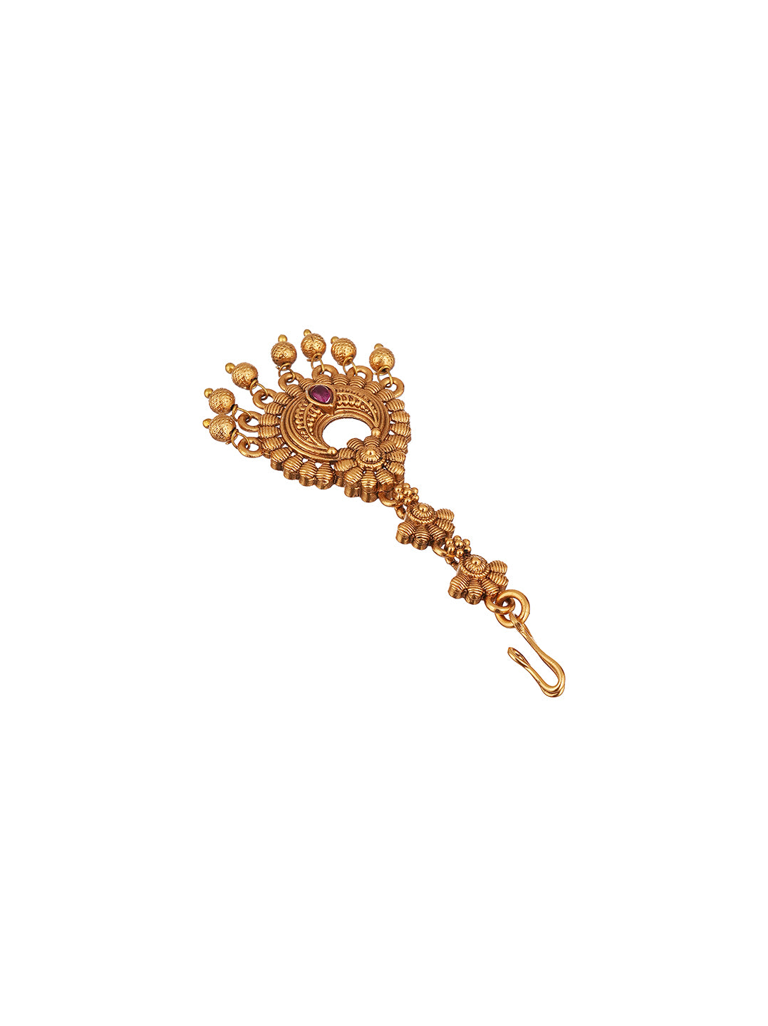 Antique Gold Plated Ruby Stone Chandbali Maang Tikka