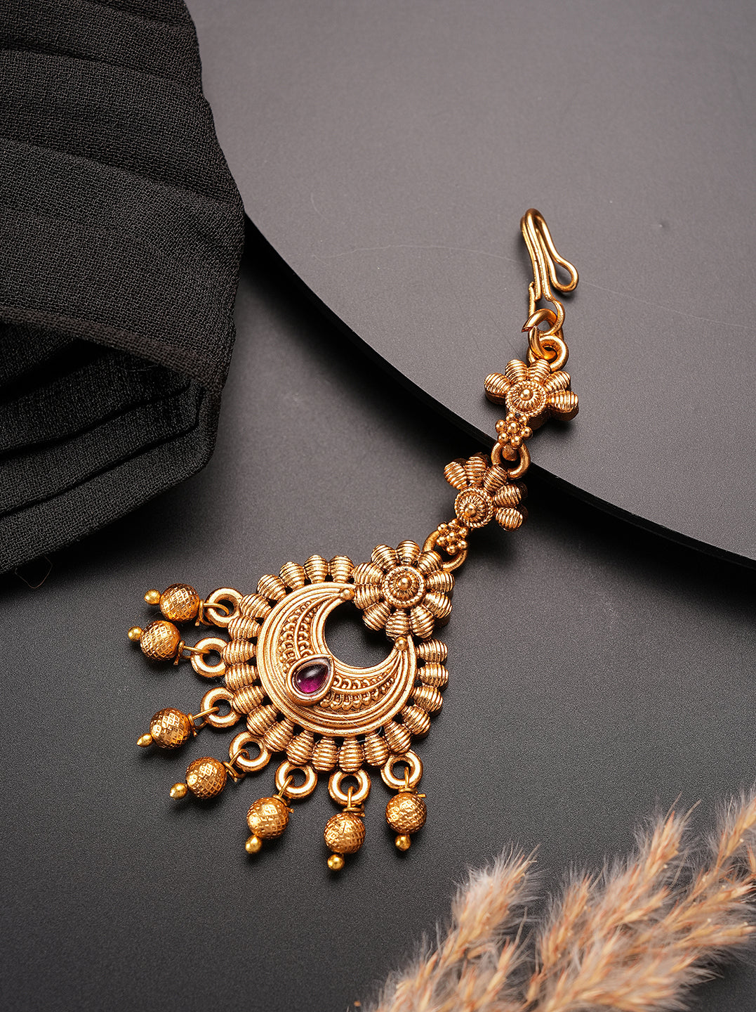 Antique Gold Plated Ruby Stone Chandbali Maang Tikka