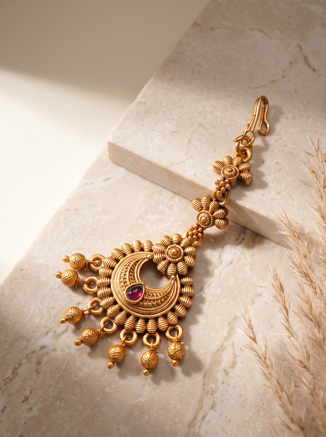 Antique Gold Plated Ruby Stone Chandbali Maang Tikka