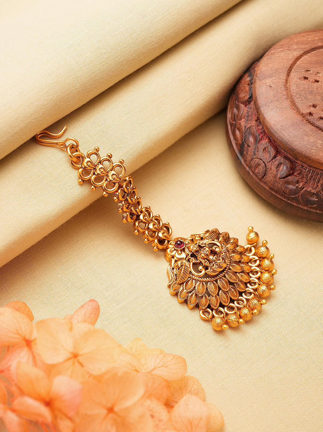Antique gold peacock fan long maang tikka with pearl drops