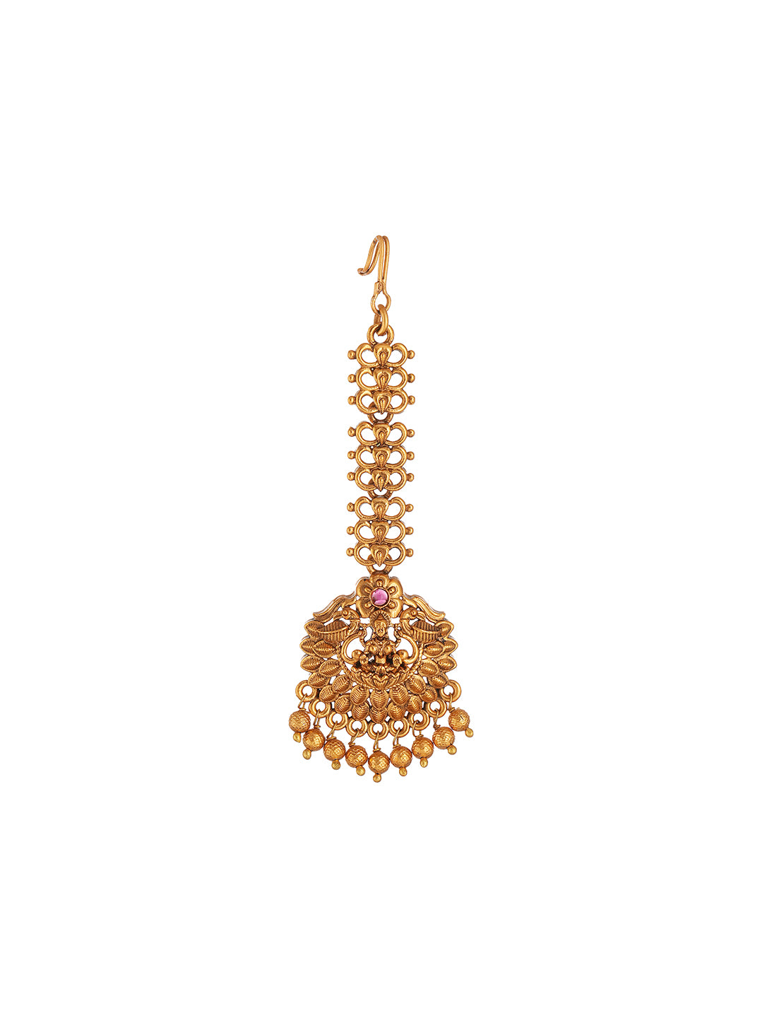 Antique Gold Plated Peacock Fan Long Maang Tikka with Pearl Drops