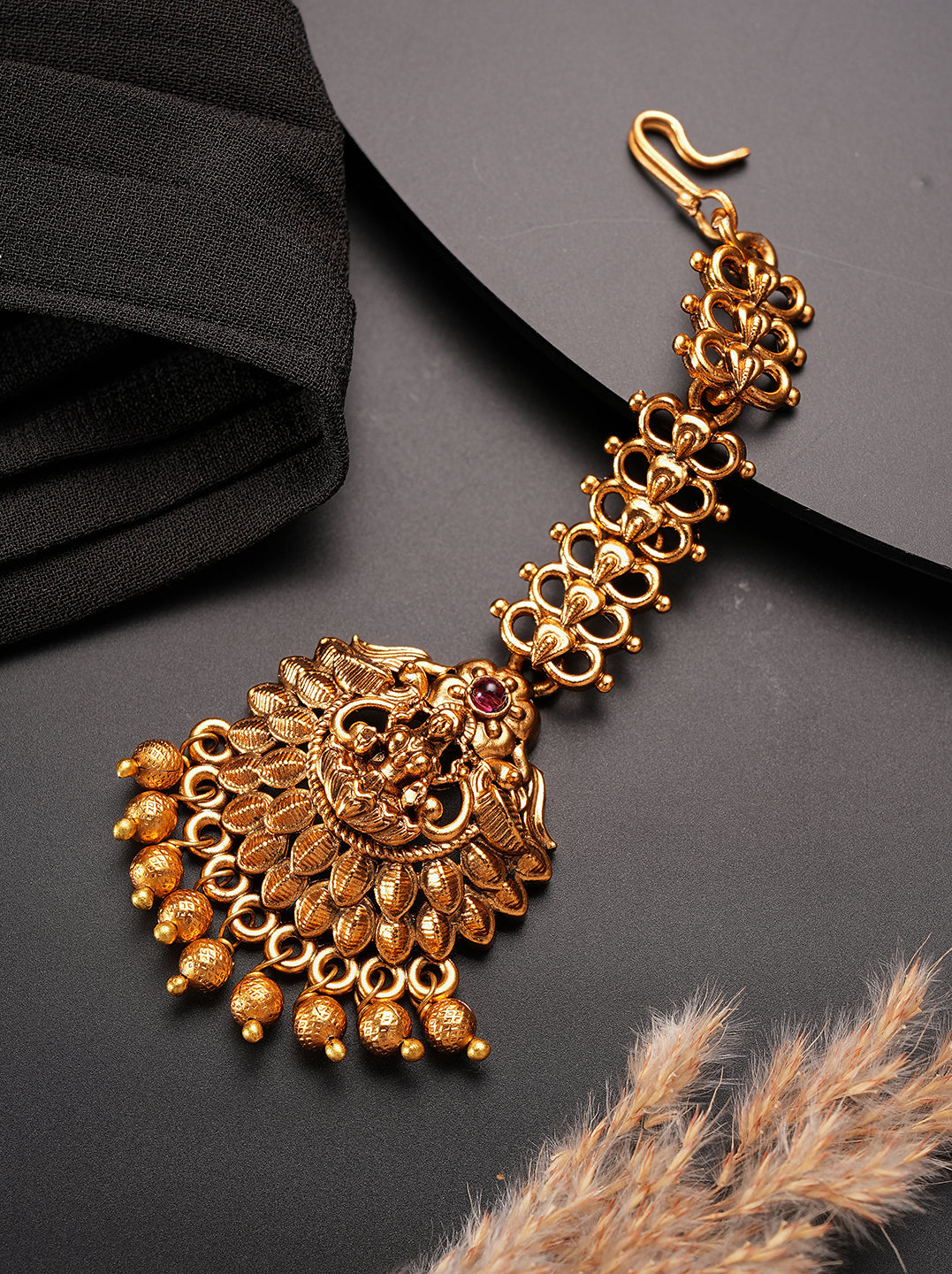 Antique Gold Plated Peacock Fan Long Maang Tikka with Pearl Drops