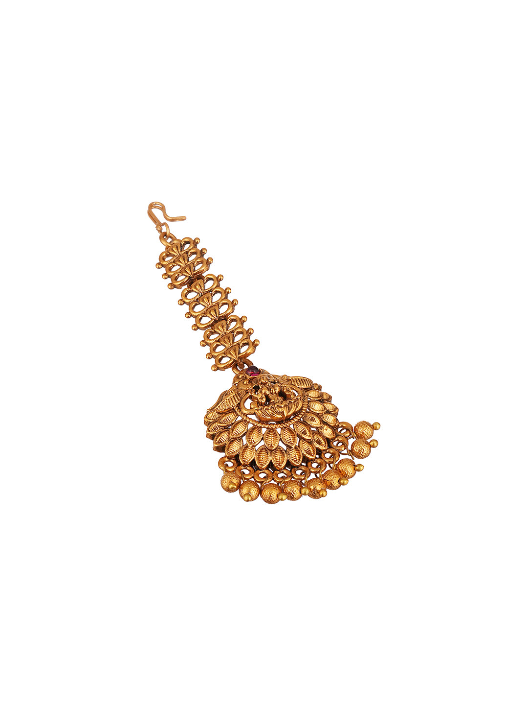 Antique Gold Plated Peacock Fan Long Maang Tikka with Pearl Drops