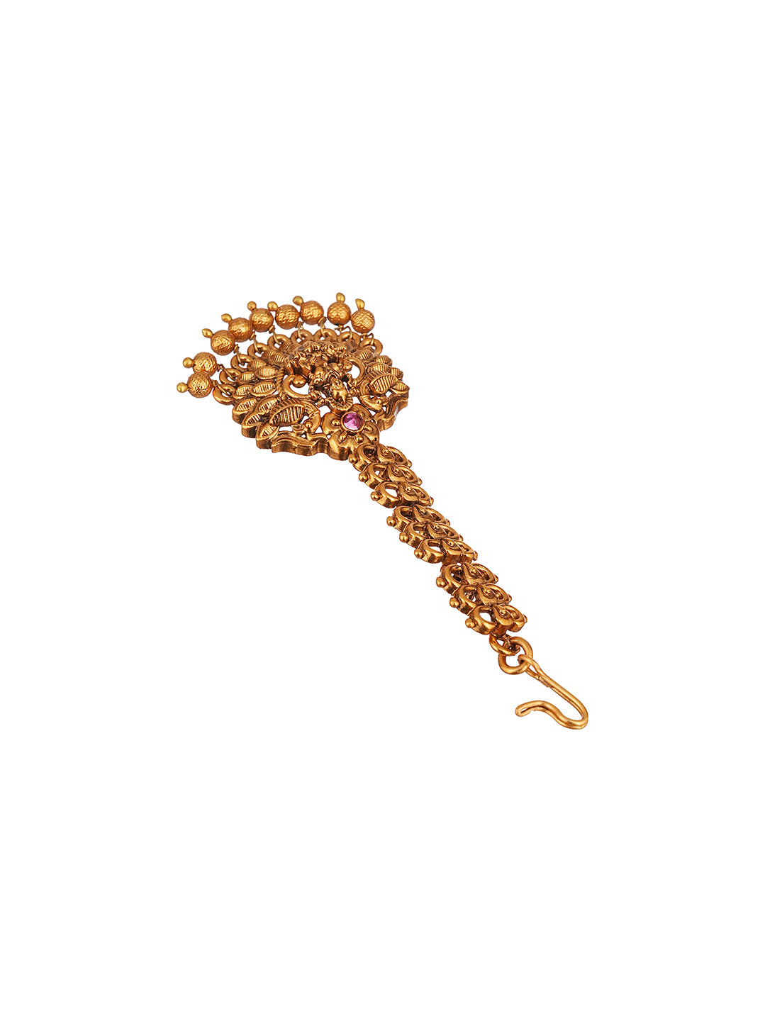 Antique Gold Plated Peacock Fan Long Maang Tikka with Pearl Drops