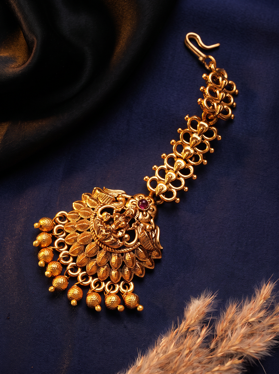 Antique Gold Plated Peacock Fan Long Maang Tikka with Pearl Drops