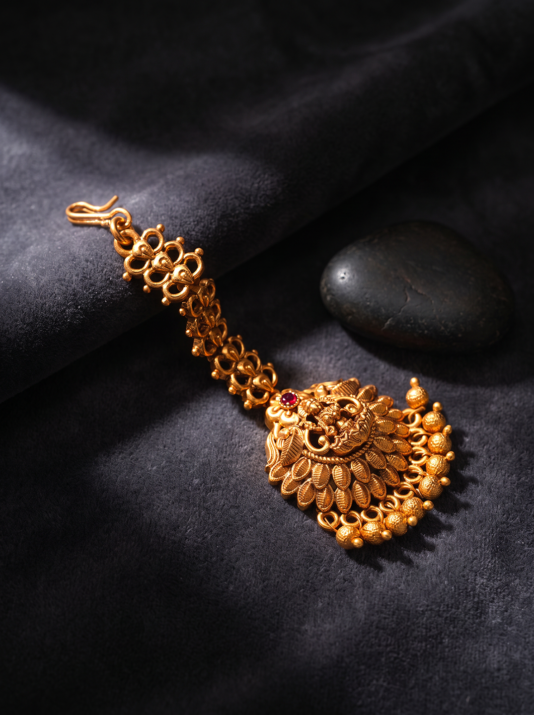 Antique Gold Plated Peacock Fan Long Maang Tikka with Pearl Drops