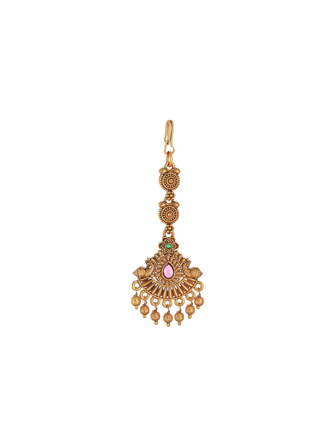 Antique Gold Plated Ruby Centre Fan Maang Tikka