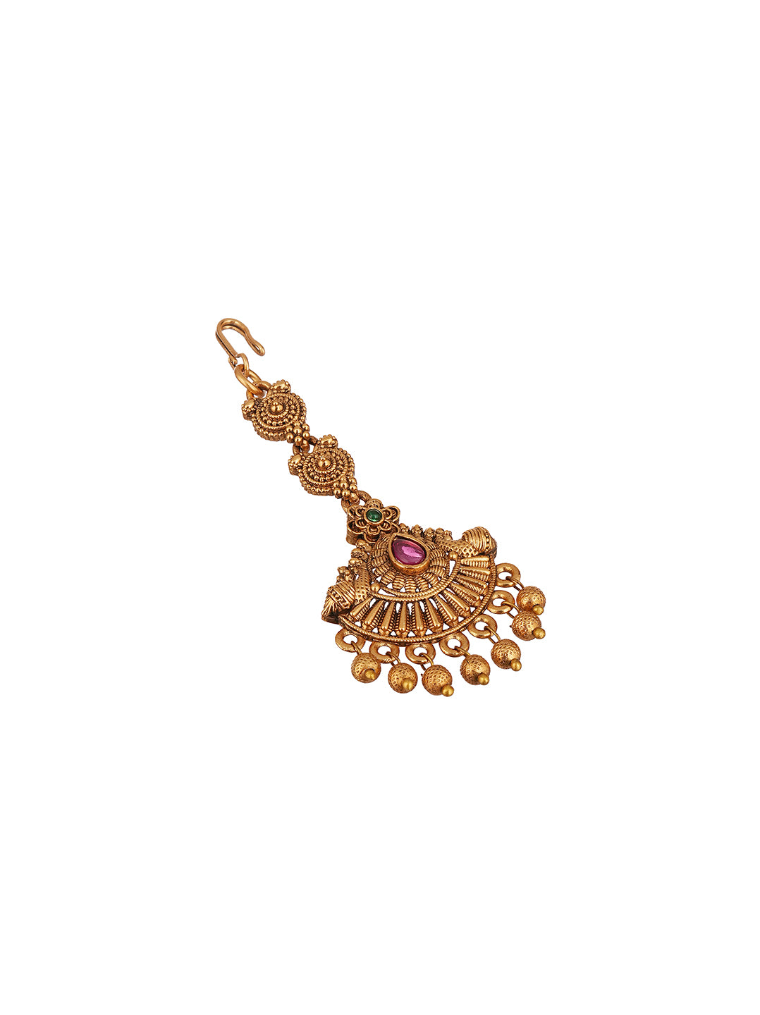 Antique Gold Plated Ruby Centre Fan Maang Tikka