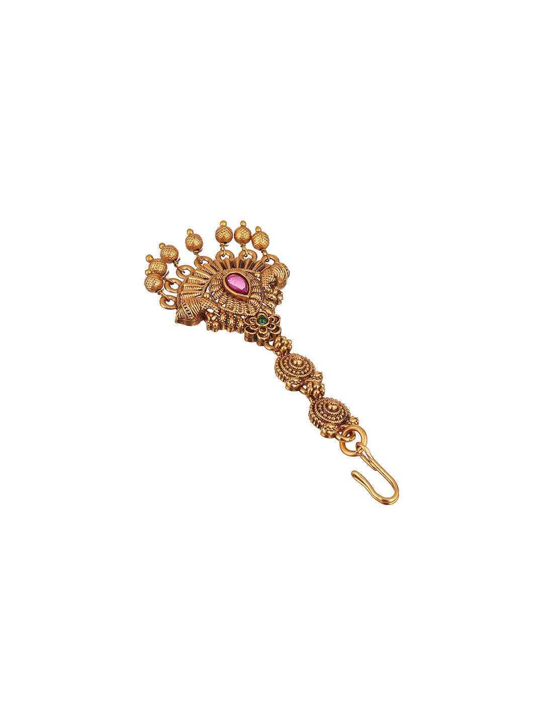 Antique Gold Plated Ruby Centre Fan Maang Tikka