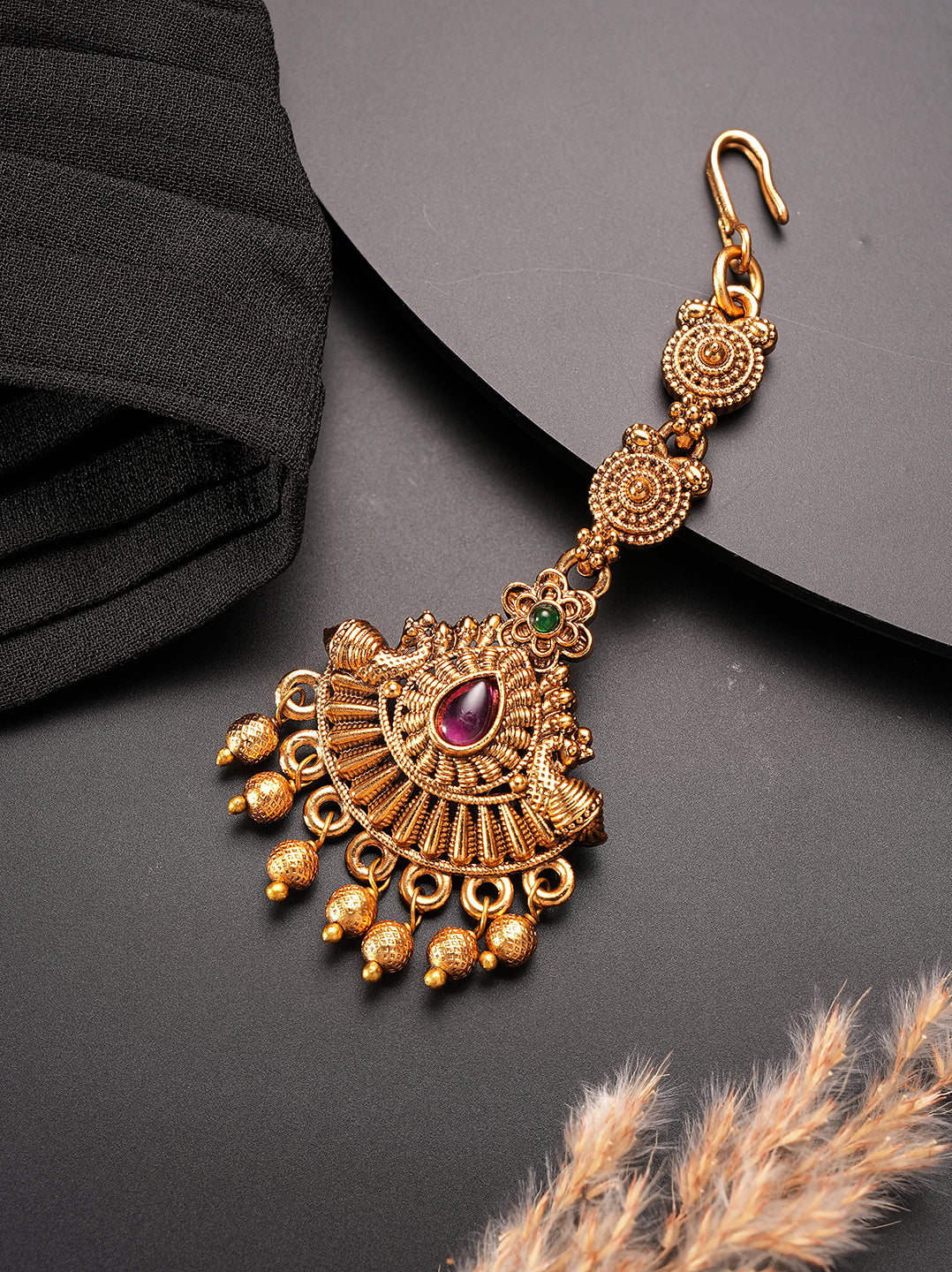 Antique Gold Plated Ruby Centre Fan Maang Tikka