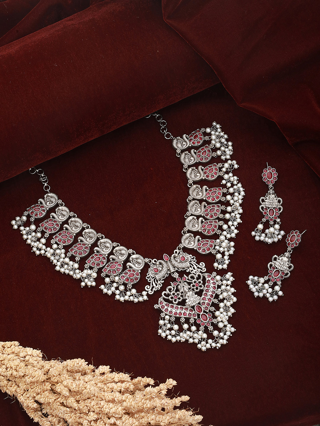 Oxidised Silver Toned Antique Temple Peacock Design Choker Jewellery set