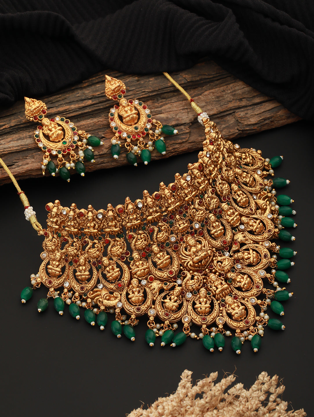 Gold Plated Intricate Temple Design Dangling Green Beads Choker Jewellery Set
