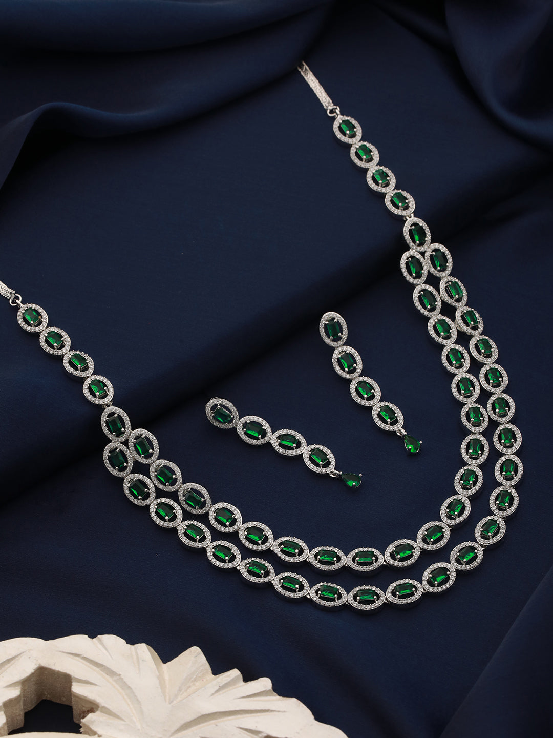 White Rhodium Plated Green AD studded Necklace Earrings Jewellery Set