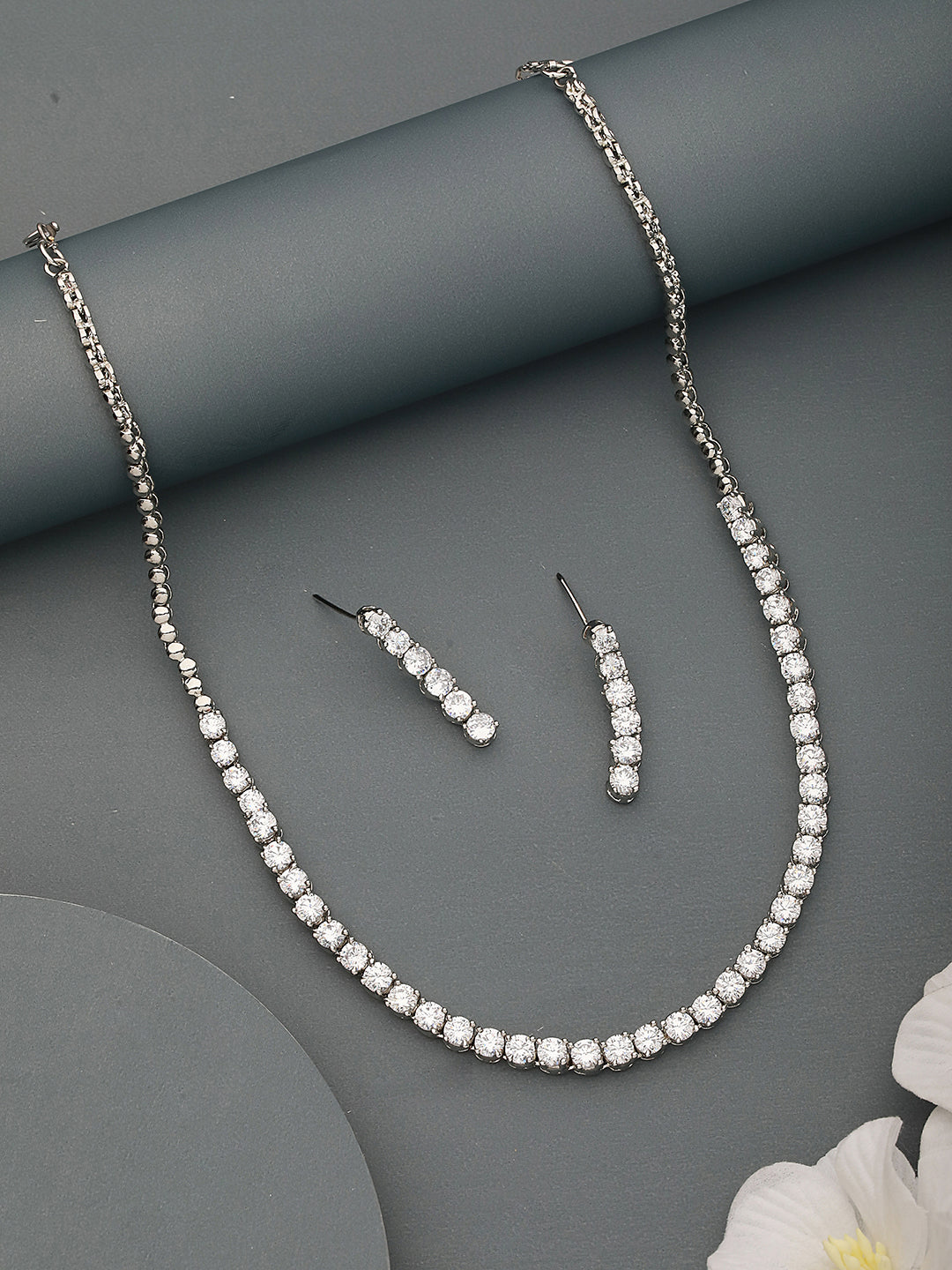 White Rhodium Plated AD studded Necklace Earrings Jewellery Set