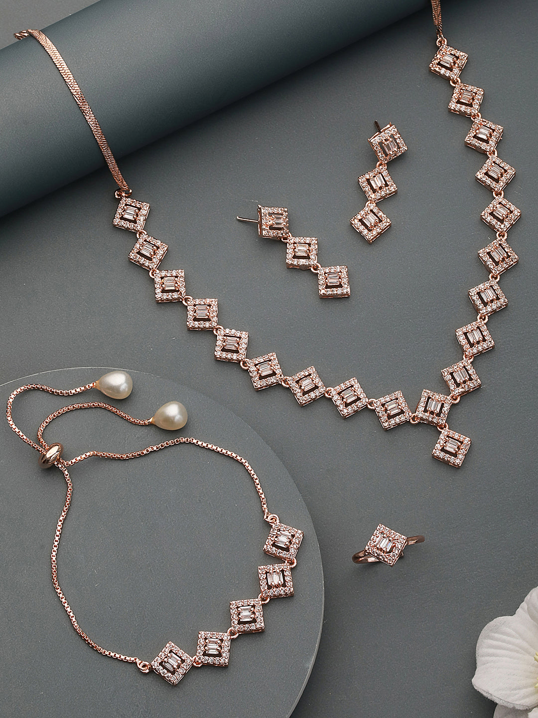 Rose Gold Plated AD Studded Square Shaped Jewellery Set Combo Ring & Bracelet