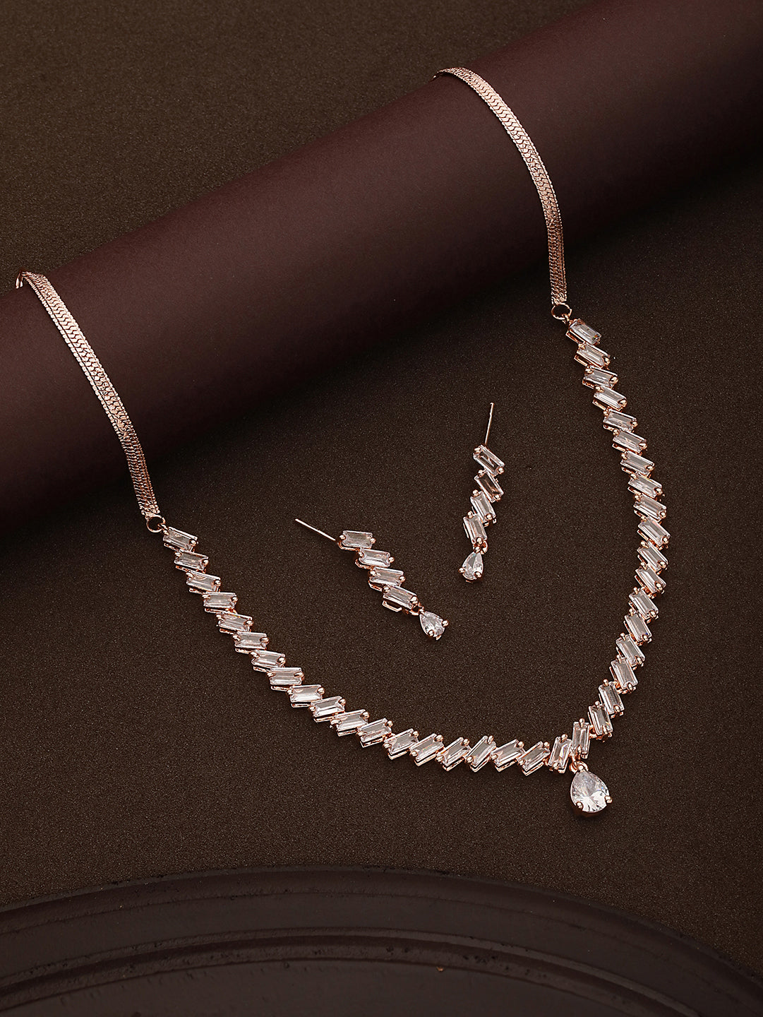 Rose Gold Plated AD Studded Zig Zag Minimal Necklace Jewellery Set