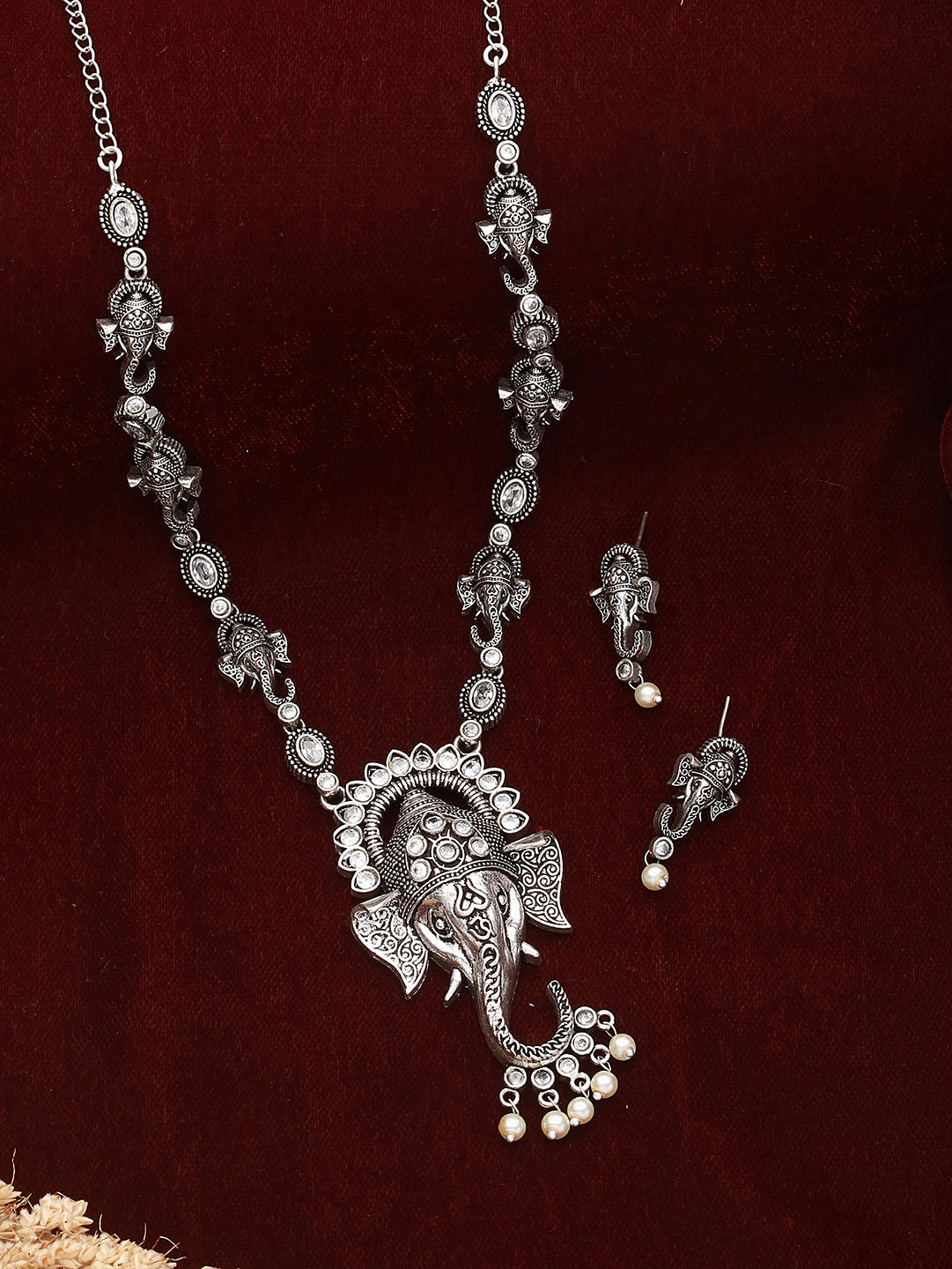Oxidised Silver Plated & Beaded Lord Ganesha Necklace Jewellery Set
