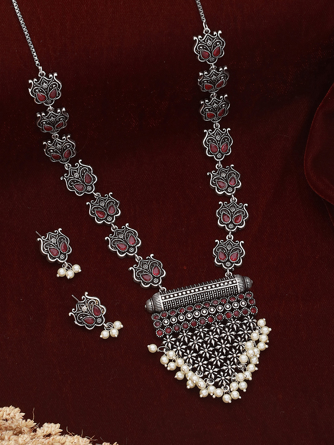 Oxidised Silver Plated Red stone Studded & Pearl Beaded Tribal Necklace Jewellery Set