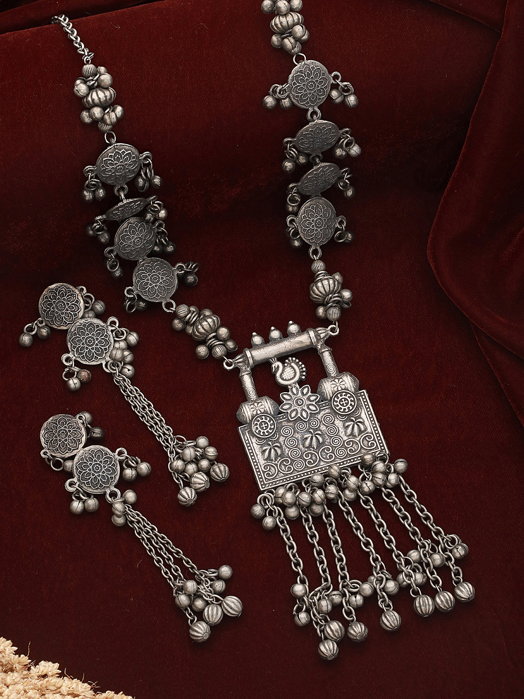 Silver Toned Oxidised Tribal Necklace Jewellery Set