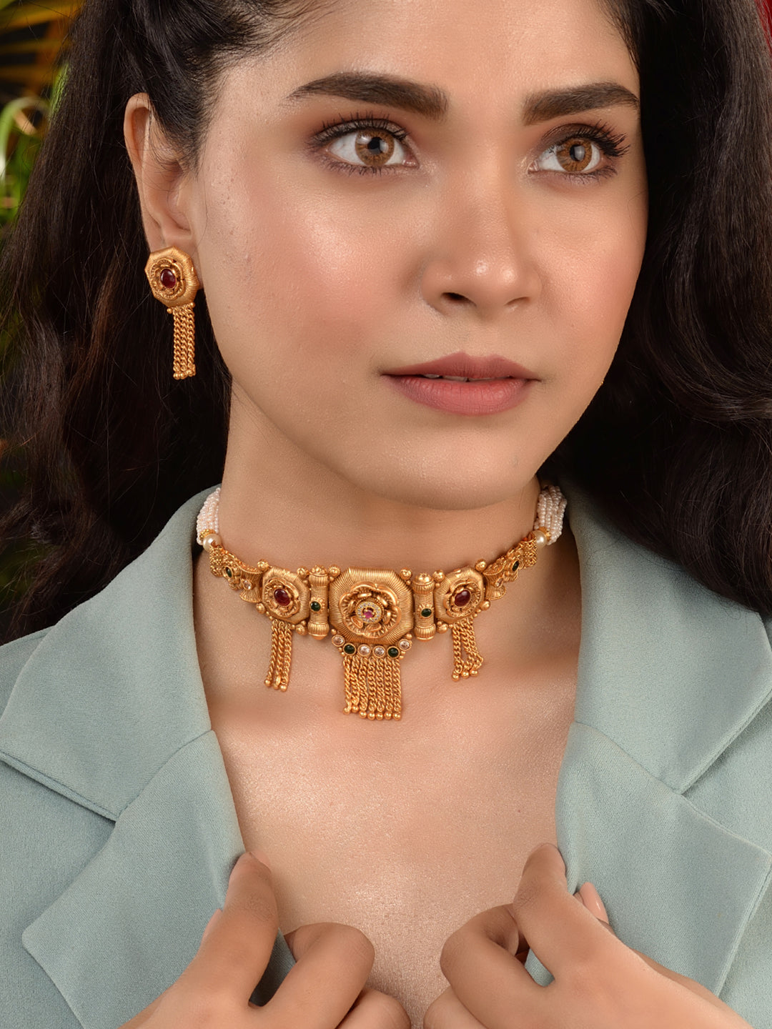 Women GoldPlated Red KempStudded Temple Jewellery Set