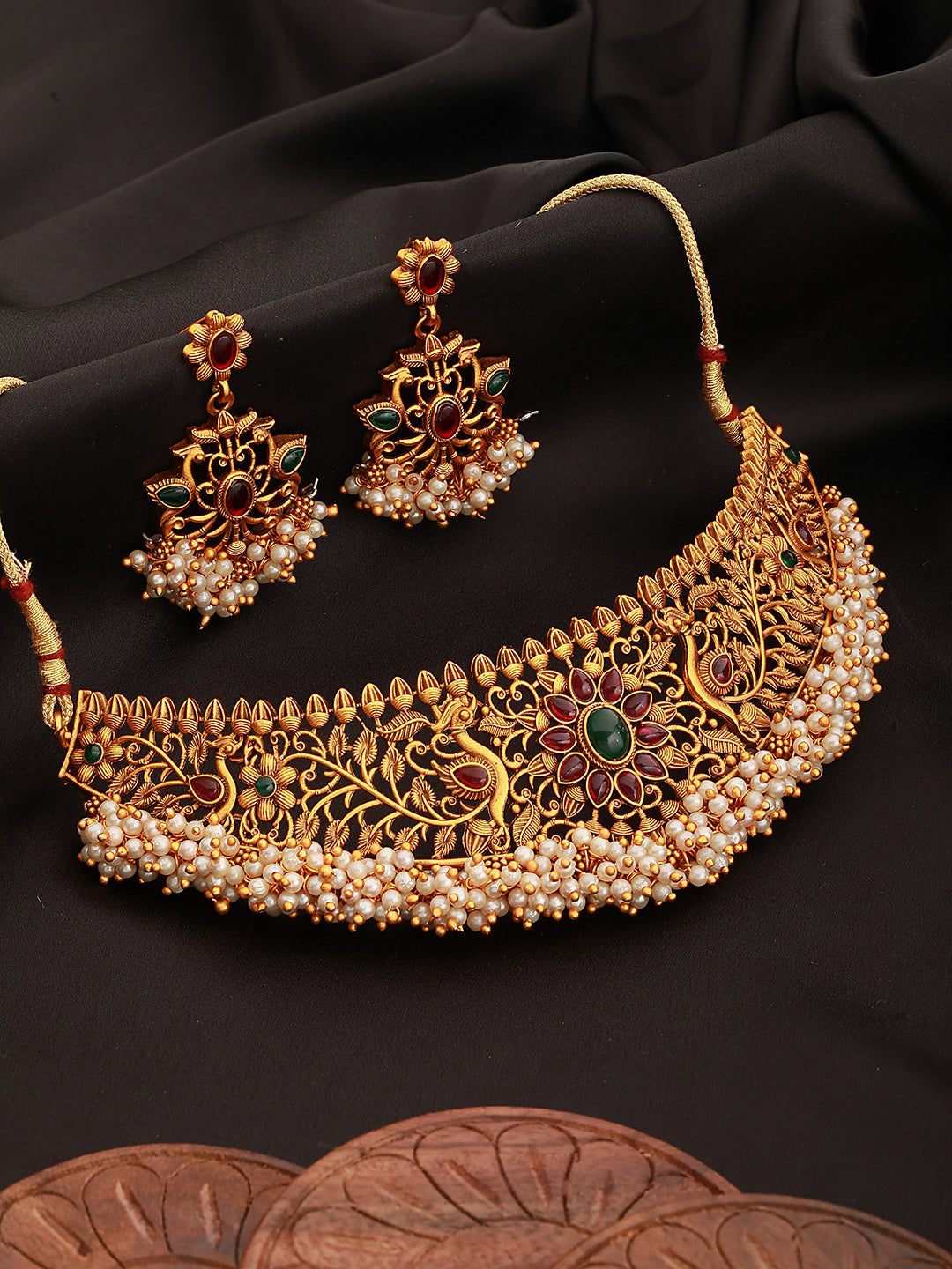 Gold Plated Red Kempo & Pearl Beaded Temple Choker Necklace Set