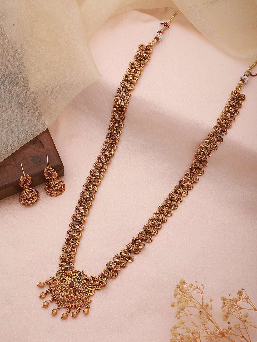Gold Plated Floral Antique Temple Necklace Jewellery Set